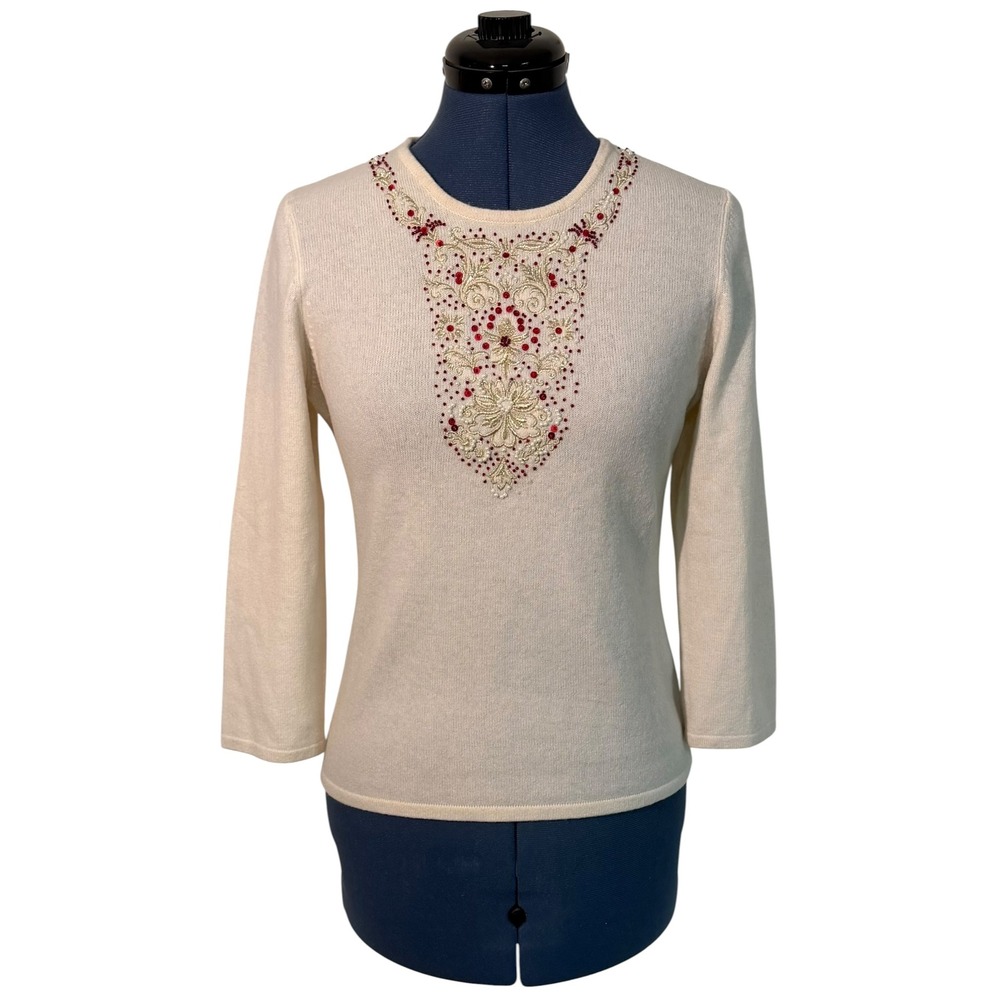 Vtg Daniel Bishop Cream Cashmere Sweater Red Beaded Embroidered Holiday Glam S